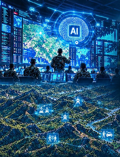 AI 지휘통제실에서 장병들이 대형 상황판을 보고 있고, 그 아래로 산악 지형과 부대 아이콘이 연결된 일러스트